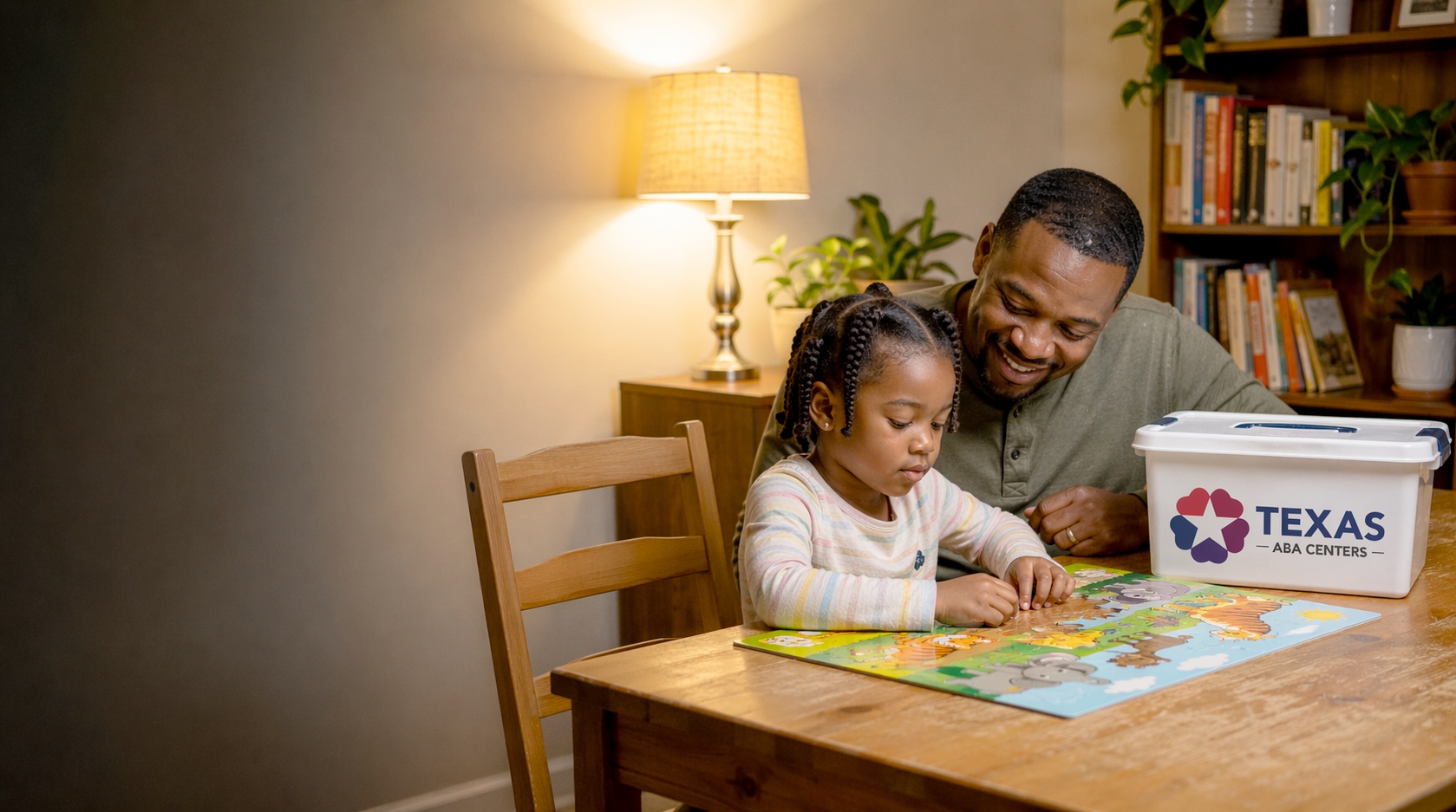 Father and daughter doing a puzzle with Texas ABA Centers therapy kit