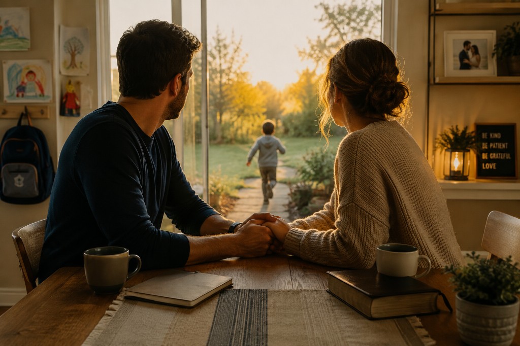 A couple holding hands at a table, looking toward their child playing outside — a quiet moment of connection amid parenting life.