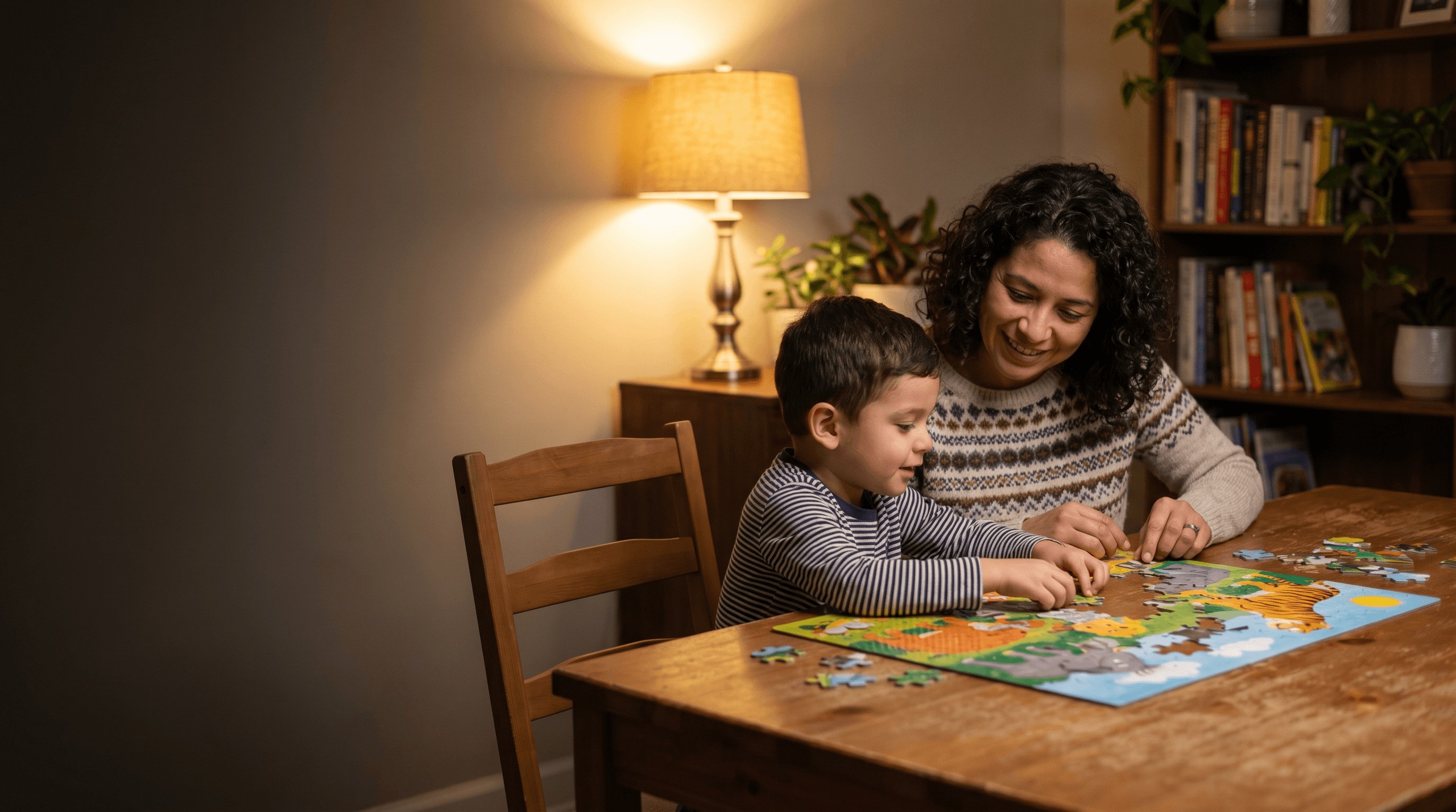 Mother and child working on a puzzle at home